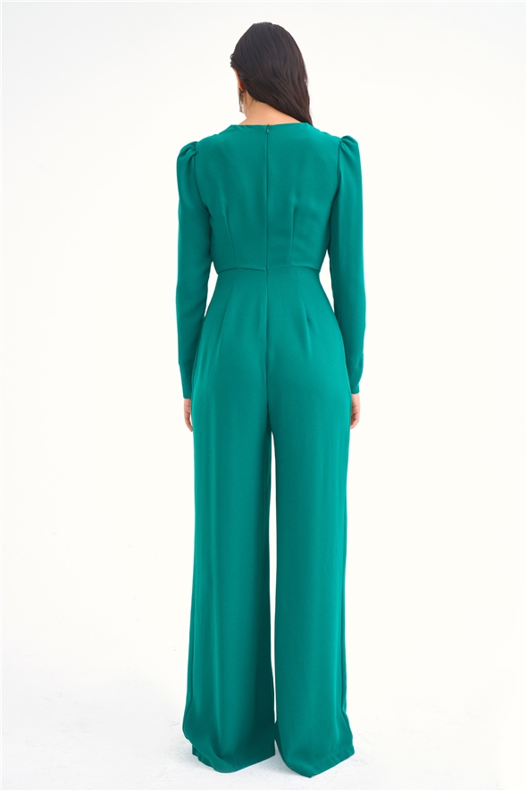 Crepe jumpsuit with double-breasted stone detail - EMERALD