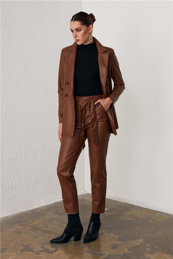 Belted Leather Pants - BROWN