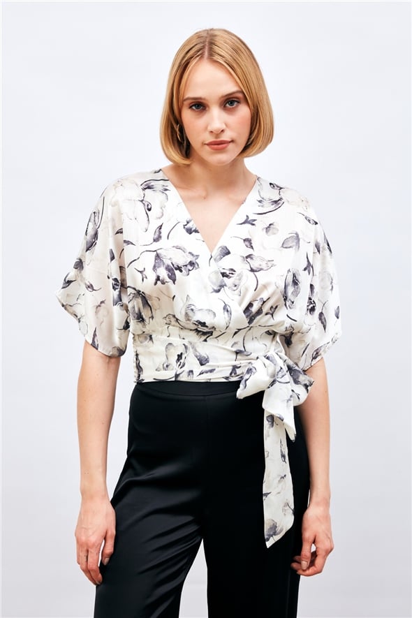 Belted Patterned Double Breasted Blouse - BLACK