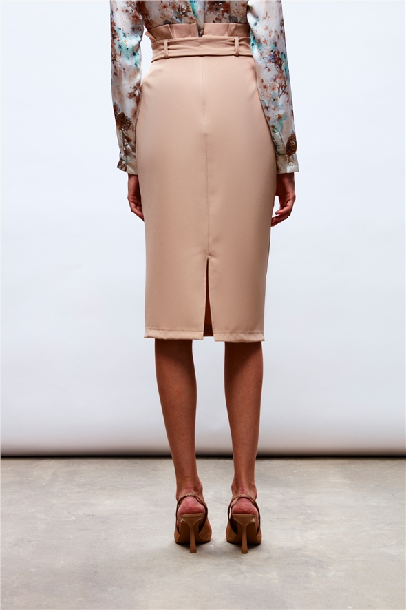 Belted Pencil Skirt - BEIGE