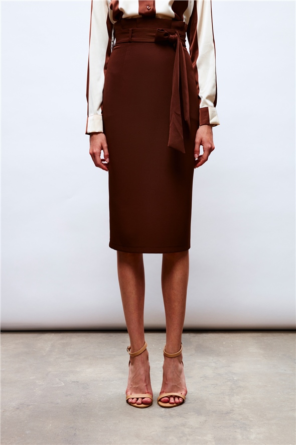 Belted Pencil Skirt - BROWN