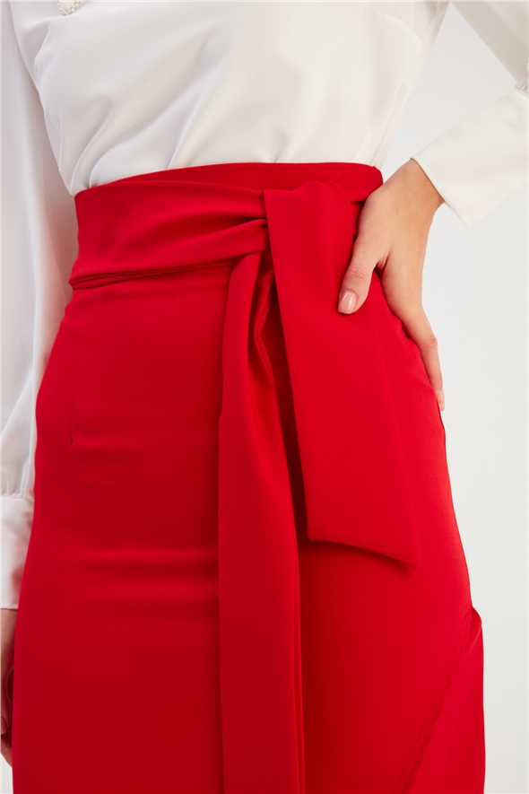 Belted Pencil Skirt - RED