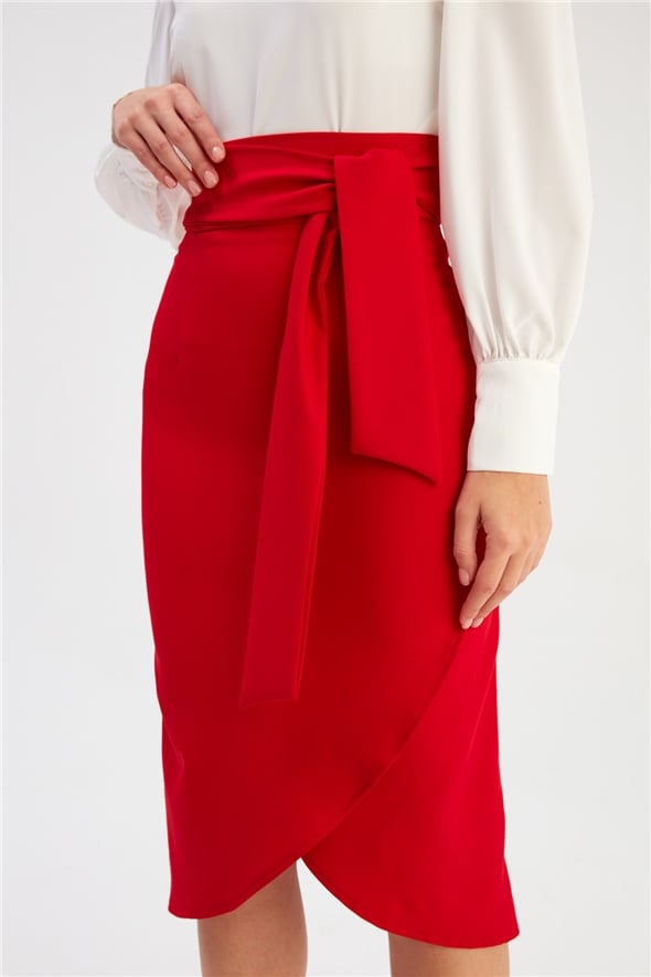 Belted Pencil Skirt - RED