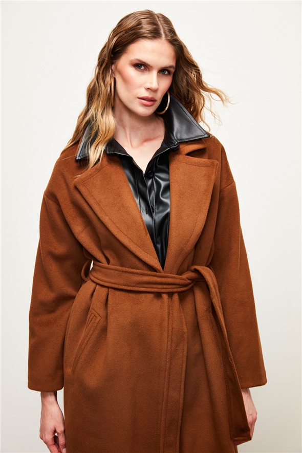 Belted Loose Coat - BROWN