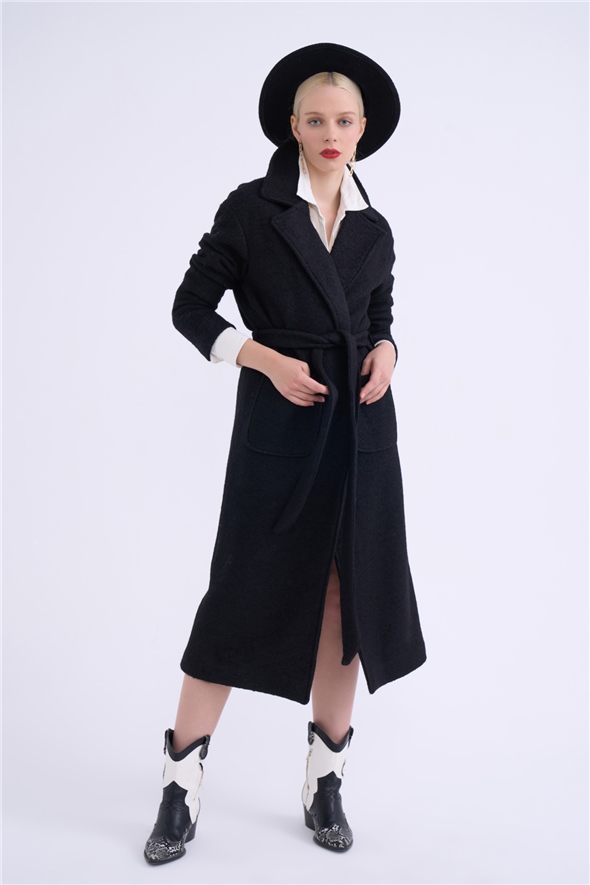 Belted long boucle coat - BLACK
