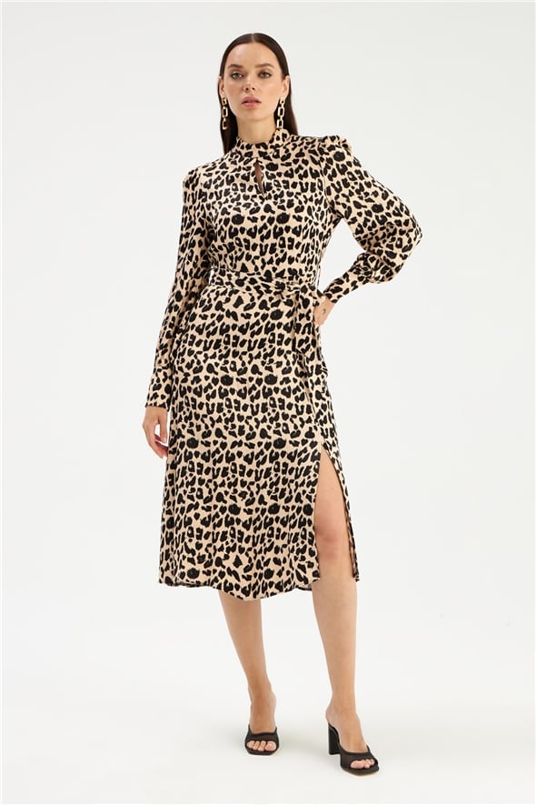 Leopard print midi satin dress - BEIGE