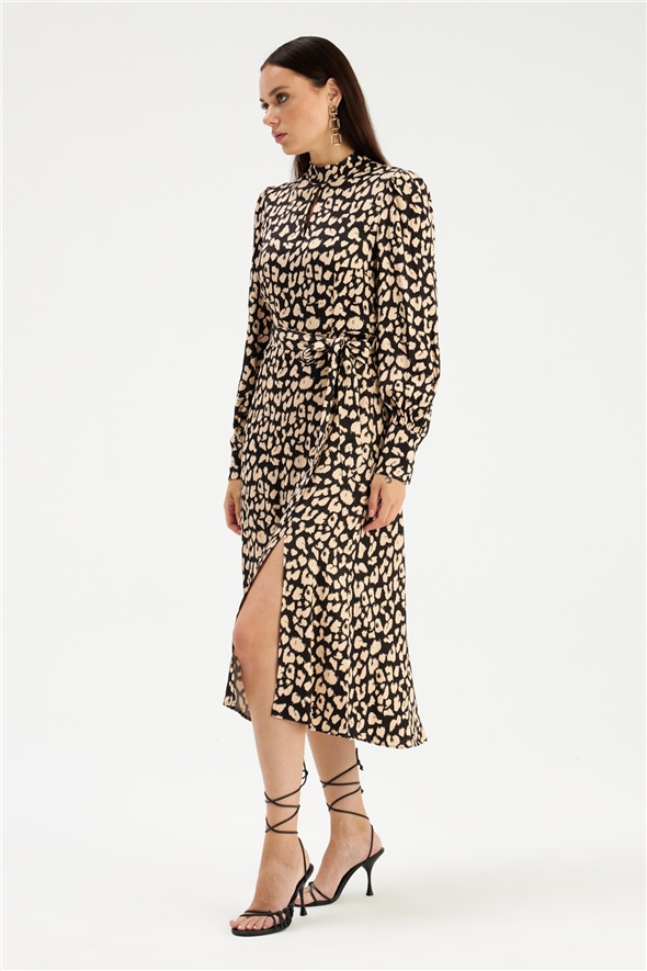Leopard print midi satin dress - BLACK