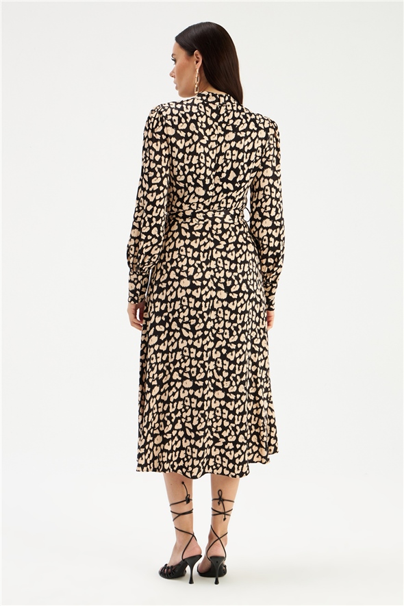 Leopard print midi satin dress - BLACK