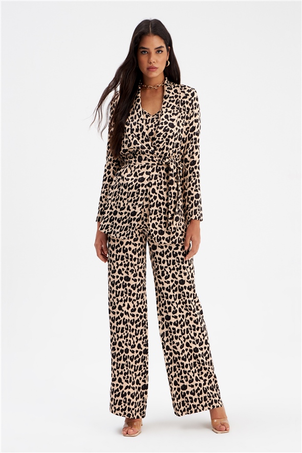 Leopard print satin trousers with wide leg - BEIGE