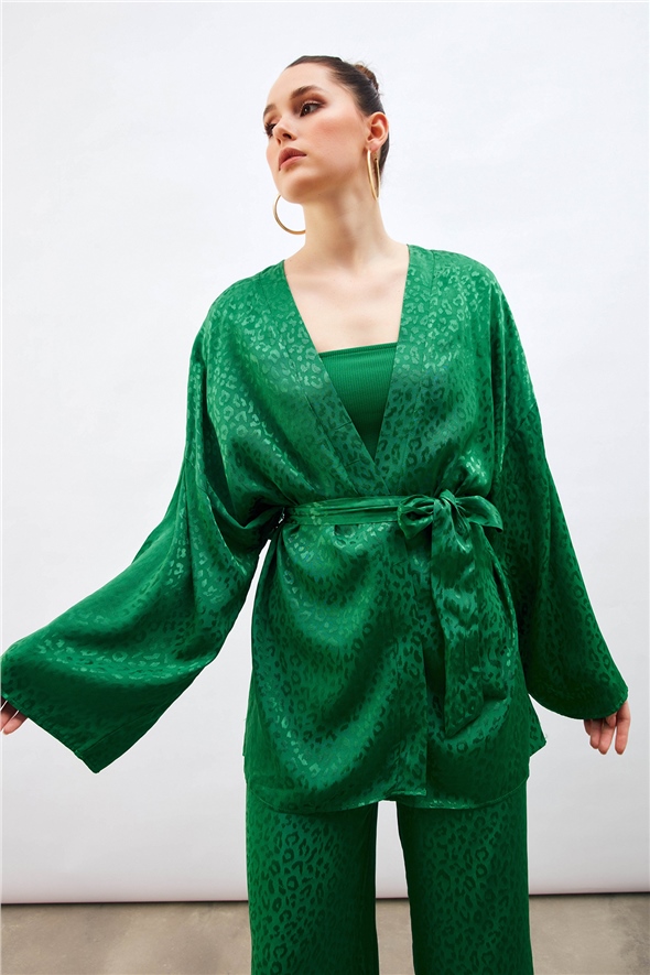 Leopar Jakarlı Kimono - YEŞİL