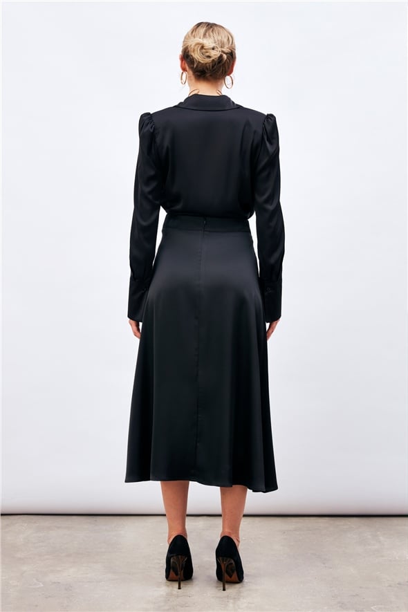 Midi Length Satin Skirt - BLACK