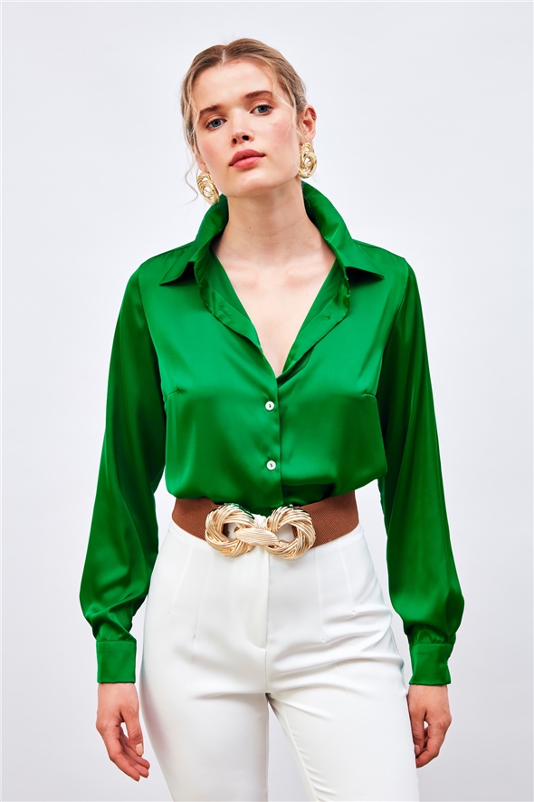 Oversize Satin Shirt - GREEN