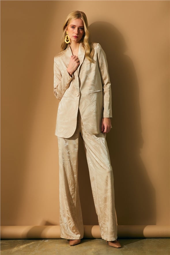 Satin Patterned Loose Trousers - BEIGE