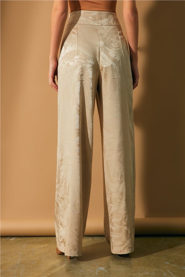 Satin Patterned Loose Trousers - BEIGE