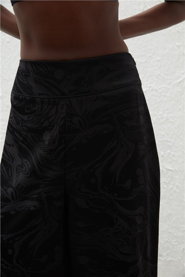 Satin Patterned Loose Trousers - BLACK