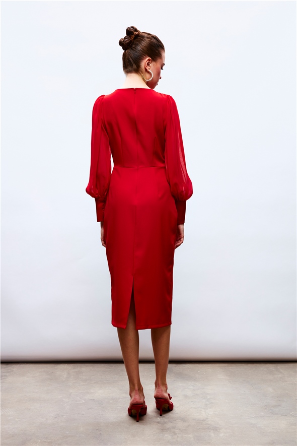 chiffon sleeve crepe dress - RED