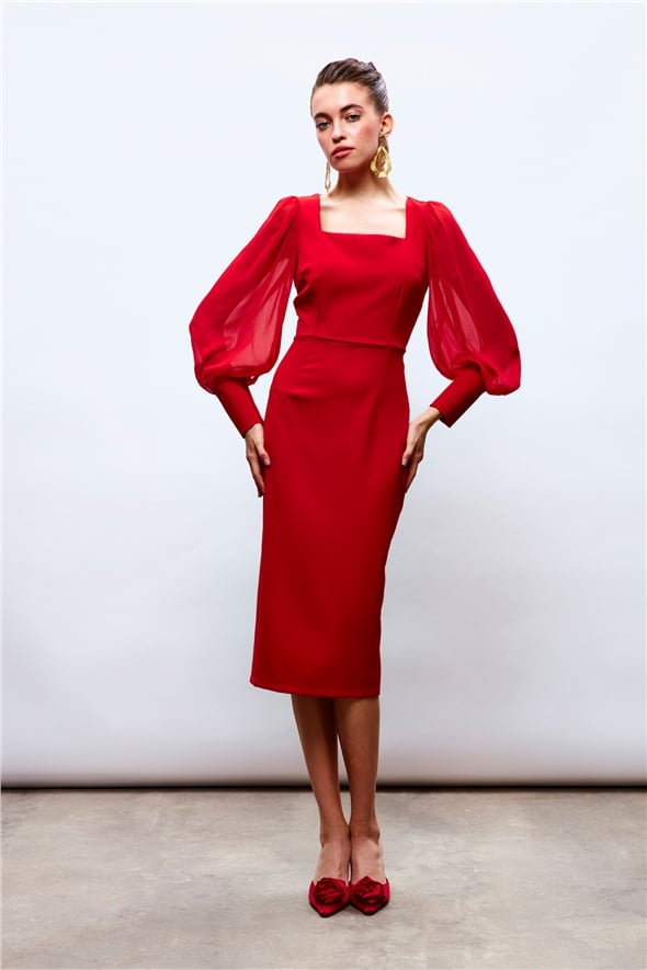 chiffon sleeve crepe dress - RED