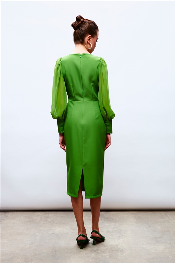 chiffon sleeve crepe dress - GREEN