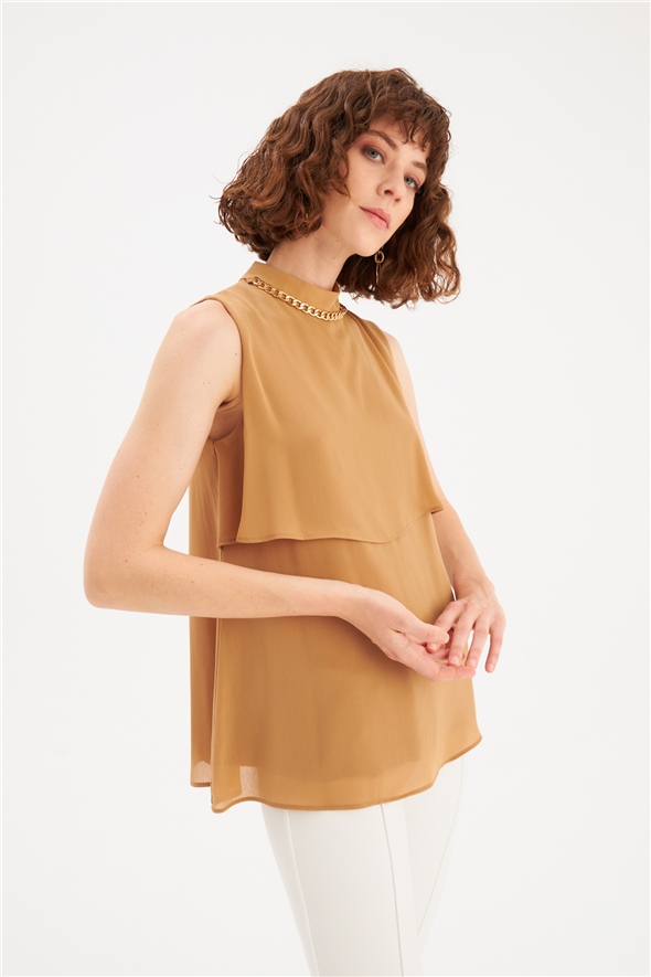 Accessory Detailed Ruffle Blouse - CAMEL