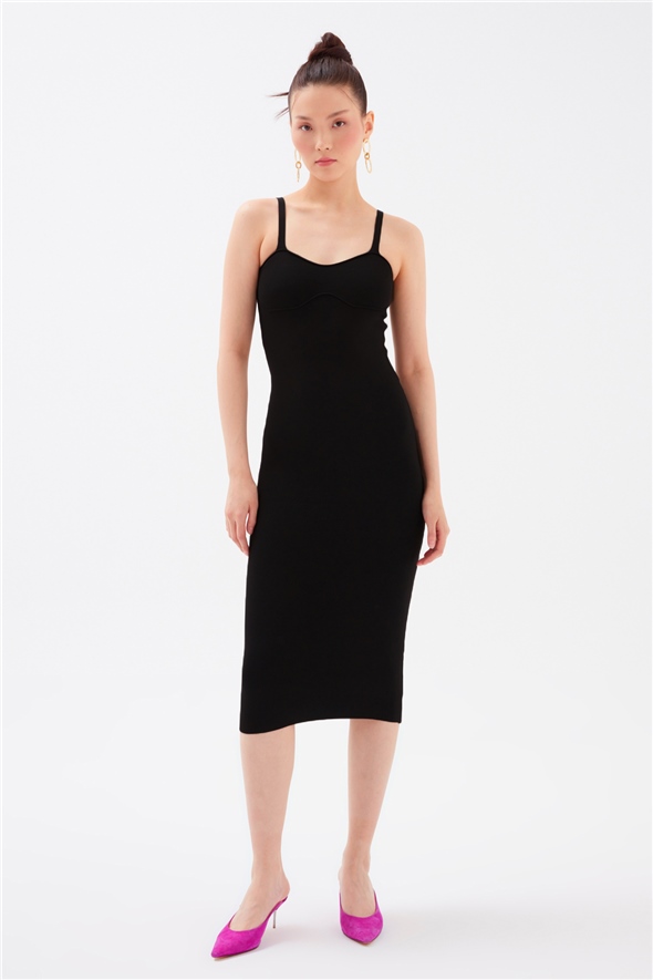 Strap Midi Knitwear Dress - BLACK