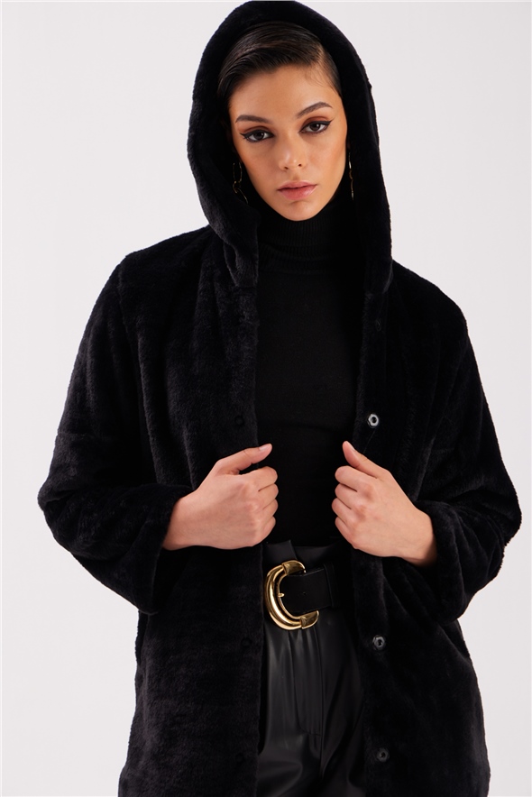 Hooded Plush Coat - BLACK