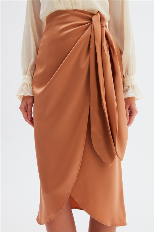 Tie Detailed Double Breasted Skirt - CAMEL