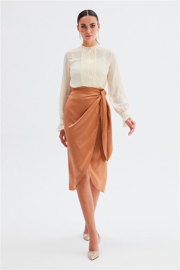 Tie Detailed Double Breasted Skirt - CAMEL