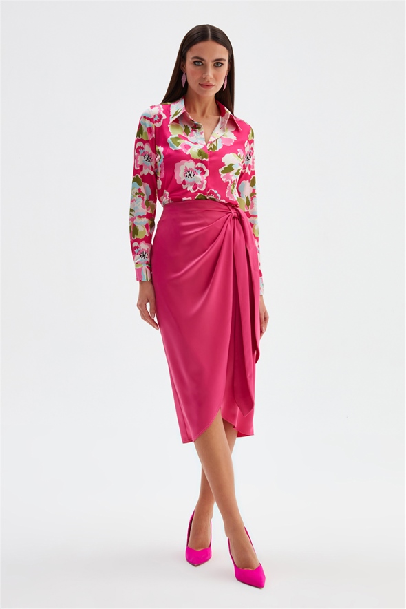 Tie Detailed Double Breasted Skirt - FuchsIa