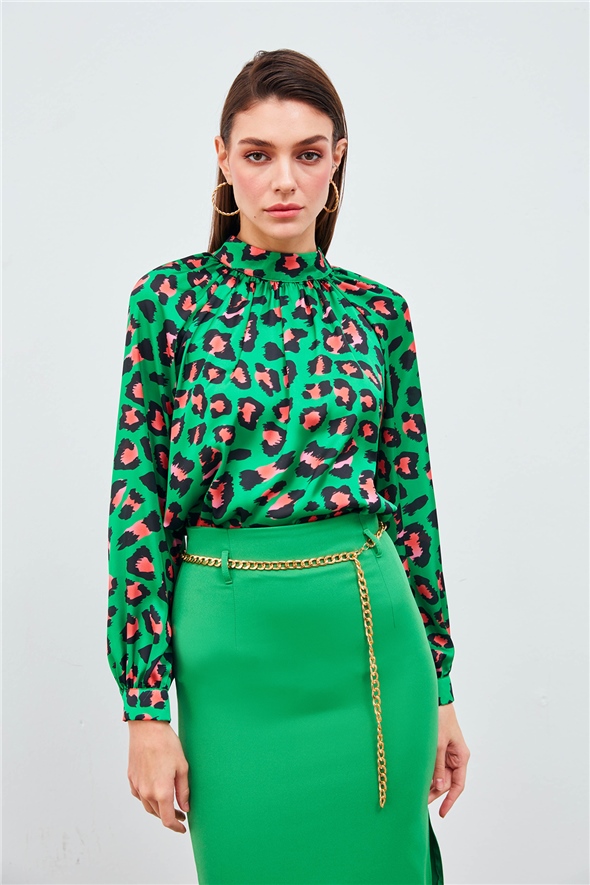 Balloon Sleeve Patterned Blouse - GREEN