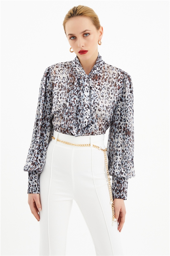 Leopard shirt with balloon sleeve scarf - BLUES