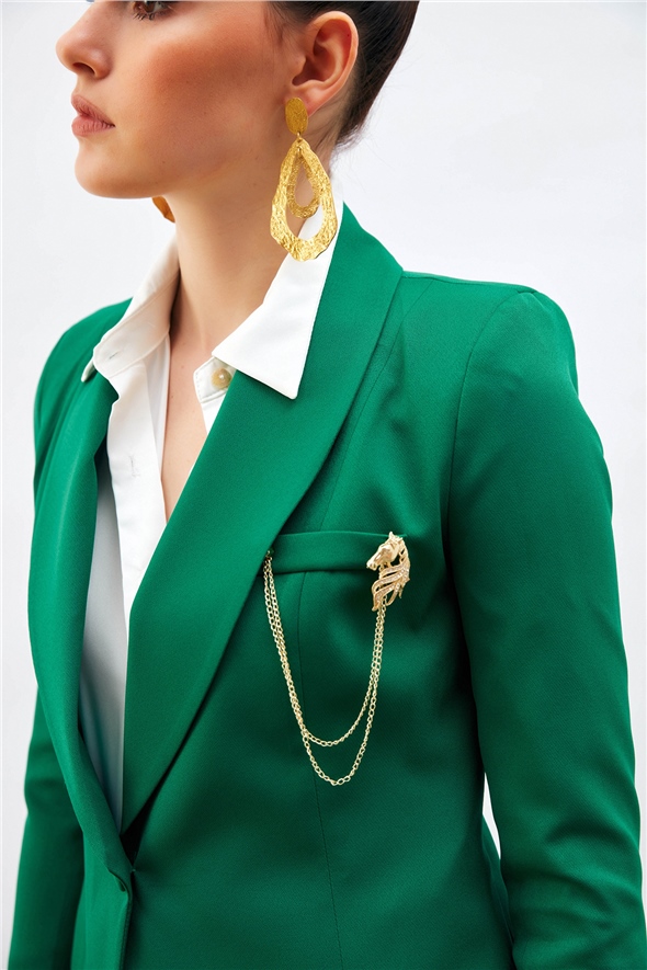 Brooch Detailed Short Jacket - GREEN
