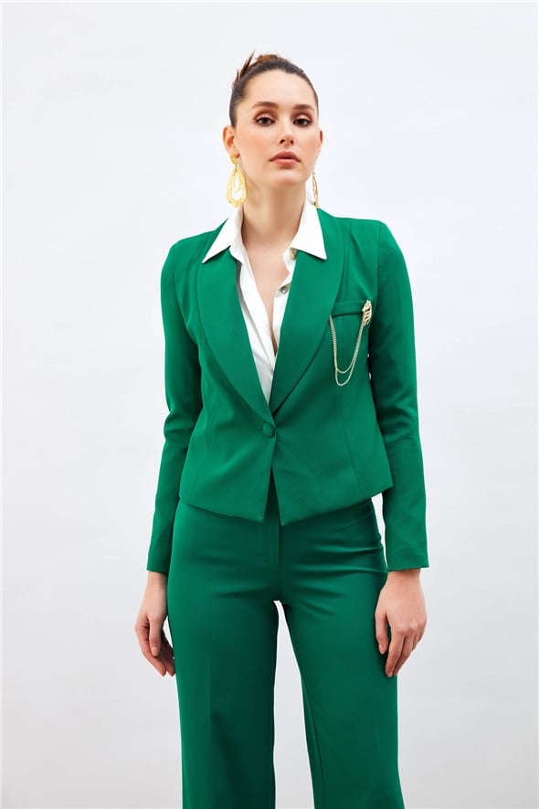 Brooch Detailed Short Jacket - GREEN