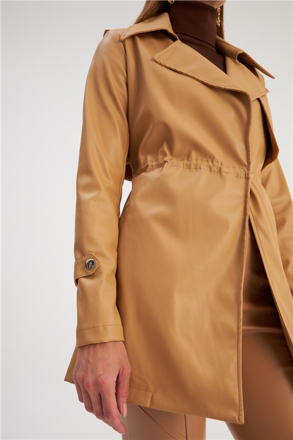 Leather jacket with ruffle detail - BEIGE