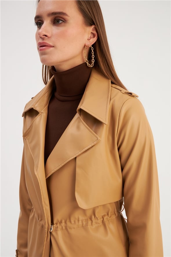 Leather jacket with ruffle detail - BEIGE
