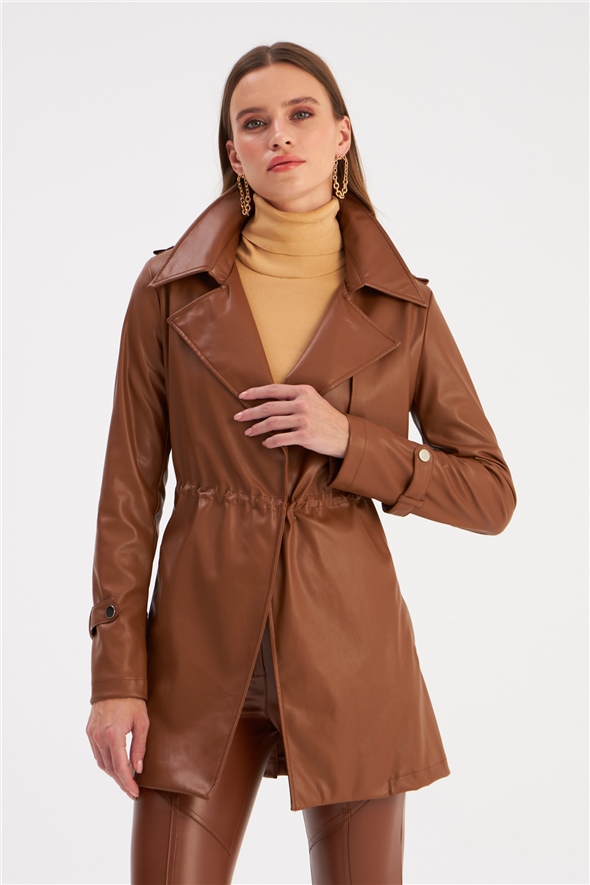 Leather jacket with ruffle detail - BROWN