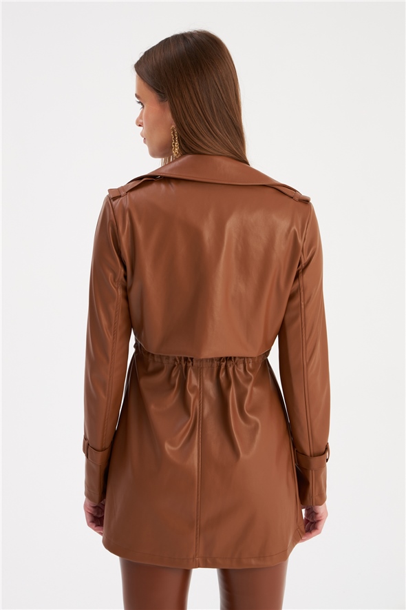 Leather jacket with ruffle detail - BROWN