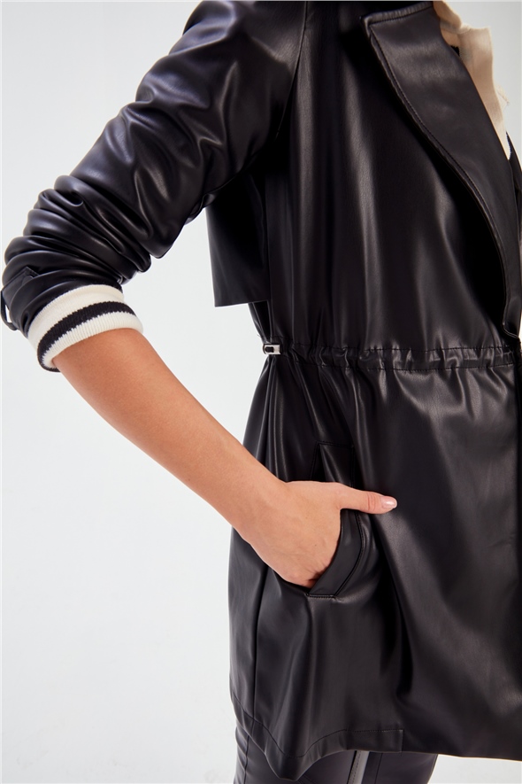 Leather jacket with ruffle detail - BLACK