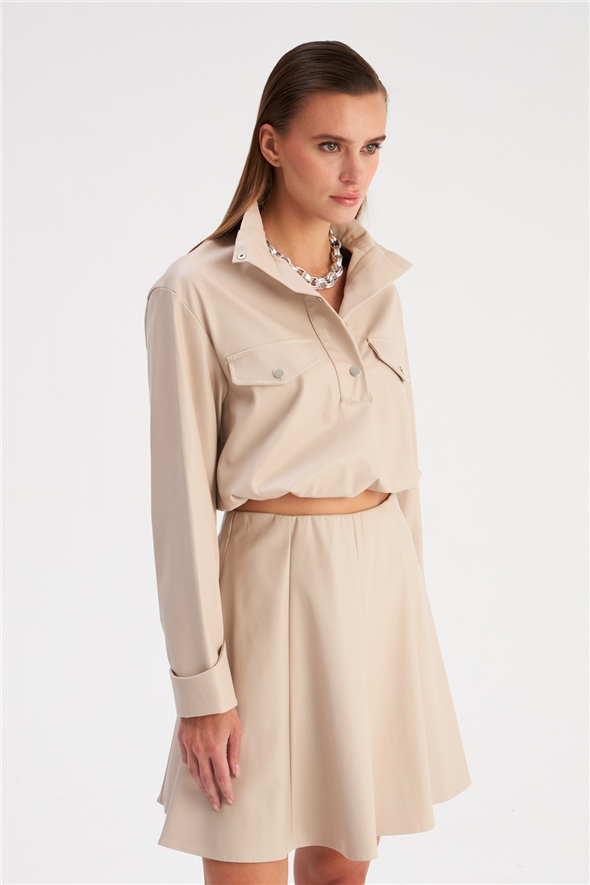 Pleated Leather Blouse - STONE