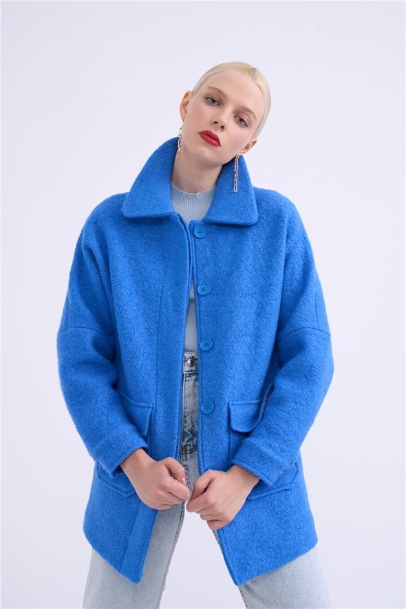 Pocket detailed boucle coat - BLUES