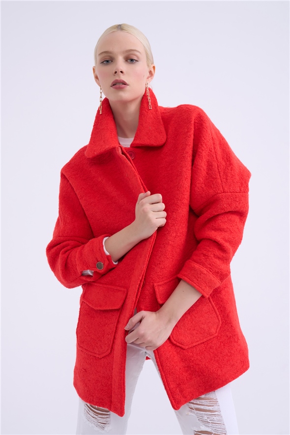 Pocket detailed boucle coat - RED ORANJ