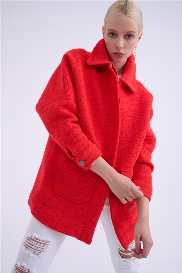 Pocket detailed boucle coat - RED ORANJ