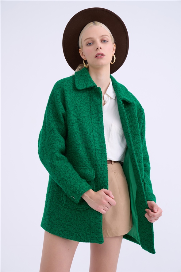 Pocket detailed boucle coat - GREEN