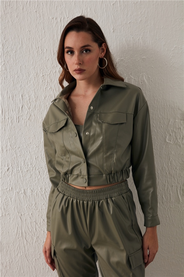 Pocket Crop Leather Jacket - GREEN ALMOND