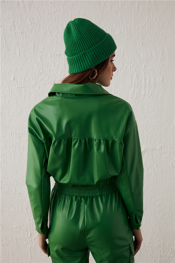 Pocket Crop Leather Jacket - GREEN