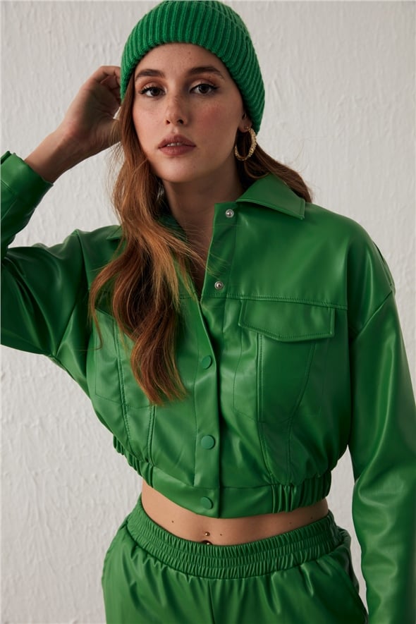 Pocket Crop Leather Jacket - GREEN