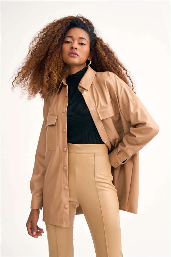 Leather shirt jacket with pockets - BEIGE