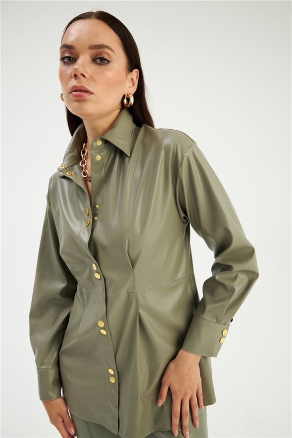 Snap Detailed Long Leather Shirt - GREEN