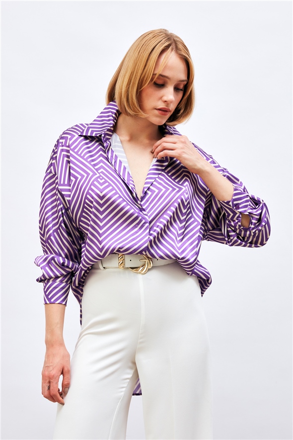 Stripe Patterned Loose Shirt - PURPLE
