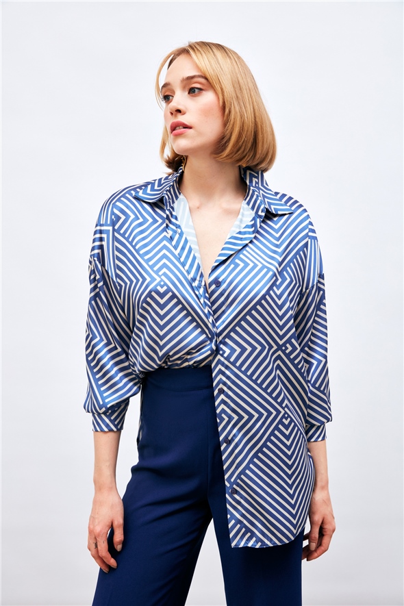 Stripe Patterned Loose Shirt - SAX BLUE