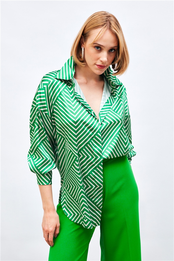 Stripe Patterned Loose Shirt - GREEN